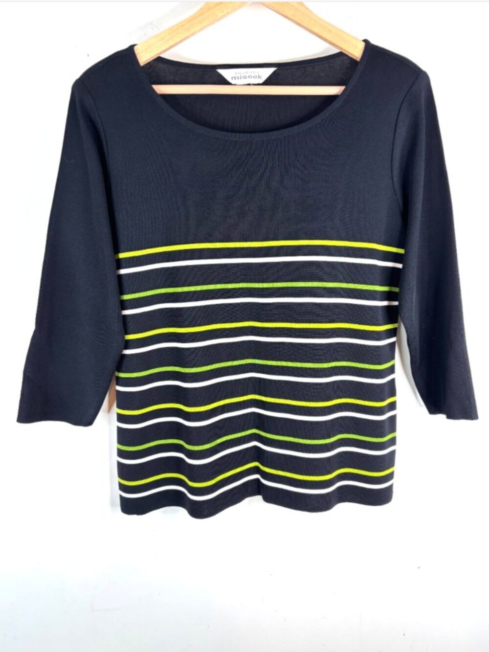 Exclusively Misook Knit Top L Black Lime Green White Striped 3/4 Sleeve Classic
